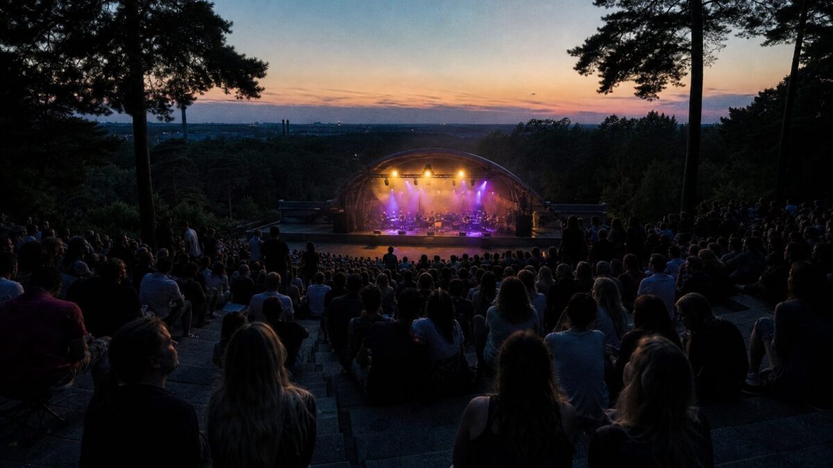 Open-Air-Konzert in einem Amphitheater bei Dämmerung mit beleuchteter Bühne